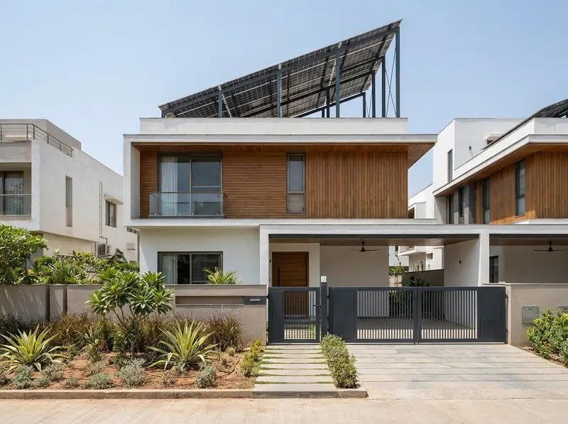 Modern independent villa with an elevated rooftop solar structure