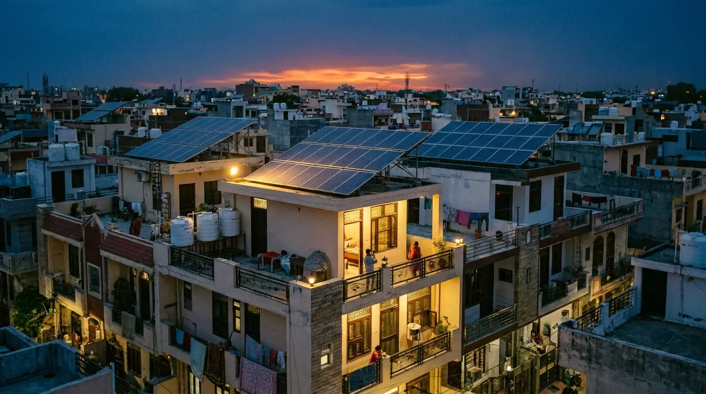 Residential rooftops with solar panels at dusk