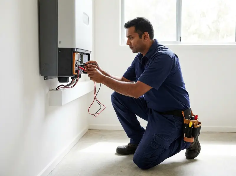 Technician checking a solar inverter with a multimeter during a service visit