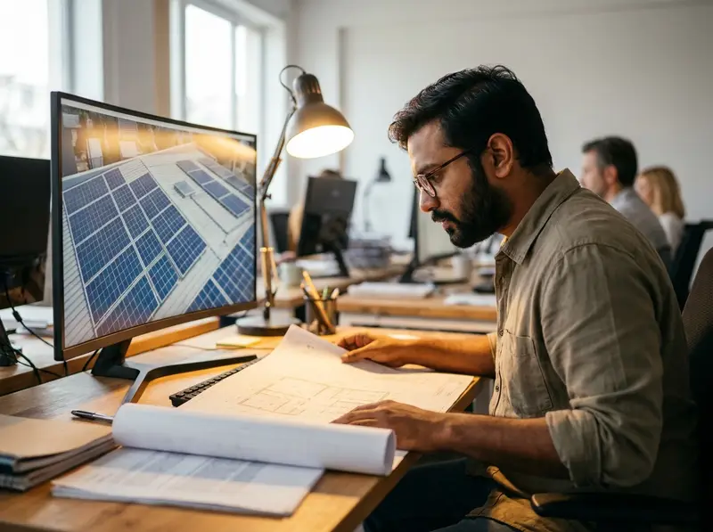 Solar design engineer reviewing a rooftop panel layout on screen