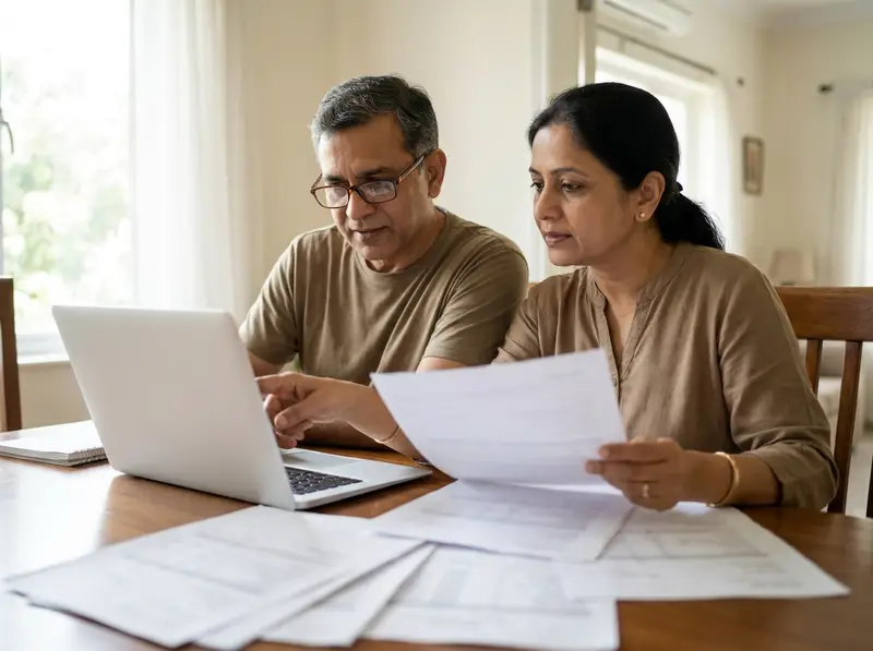 Homeowner couple reviewing solar subsidy documents on a laptop